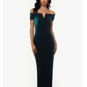 Velvet Hunter Green Off the Shoulder Gown